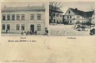 Hlavno - škola, hostinec K.Haselbauera - Archiv dobových pohlednic Jiřího Johna